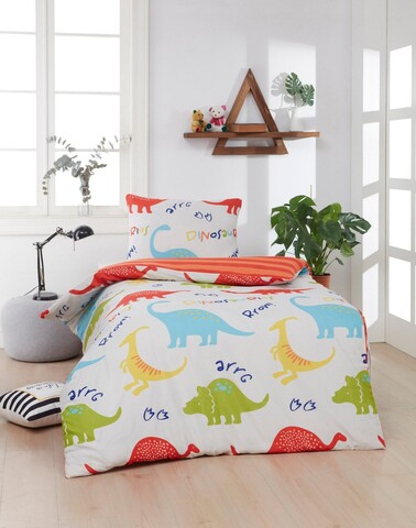 Lenjerie de pat pentru o persoana 2 piese, Dinazorus - White, EnLora Home, 65% bumbac/35% poliester