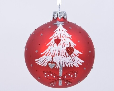 Glob Tree w bow, Decoris, Ø8 cm, sticla, rosu/alb