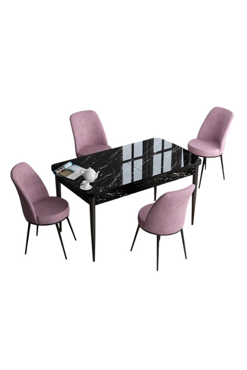 Set masa extensibila si scaune (5 piese), Hanah Home, Han, Model de marmură neagră / roz — imaginea 2