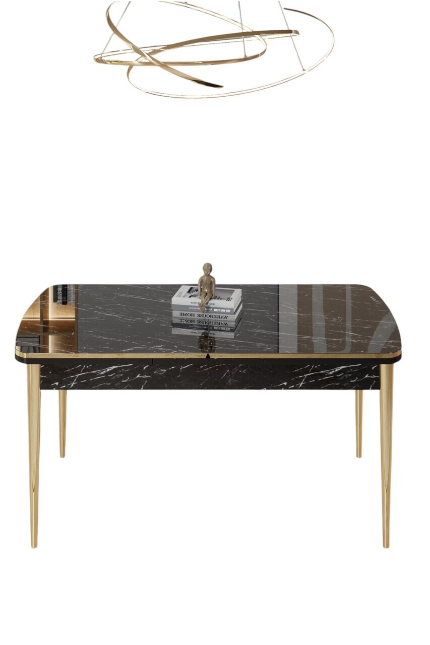 Masa extensibila, Hanah Home, Rada, 80x78x132 cm, Model de marmură neagră / Auriu — imaginea 2