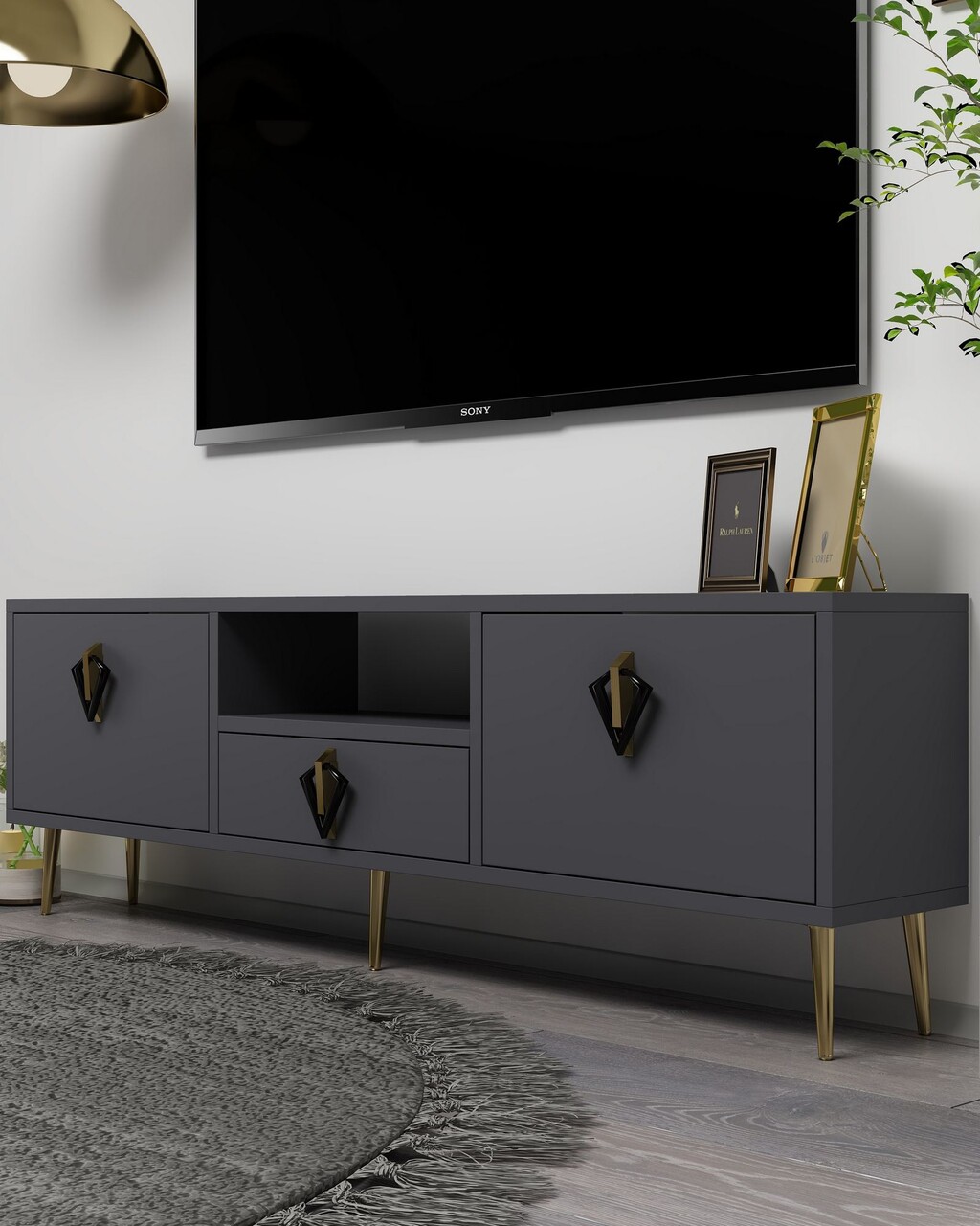 Comoda TV, Hanah Home, 1312-DROP-32, 140x45x30 cm, PAL , Antracit / Negru / Auriu - view 2