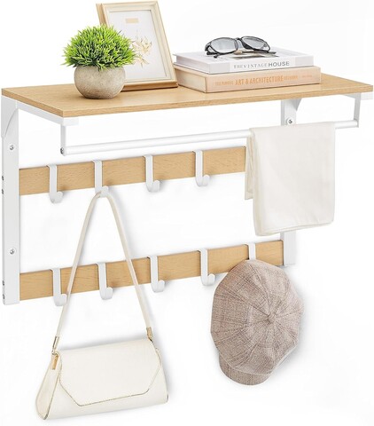 Cuier de perete cu 10 agatatori, Vasagle, 65x30x42 cm, PAL/otel, alb/natural