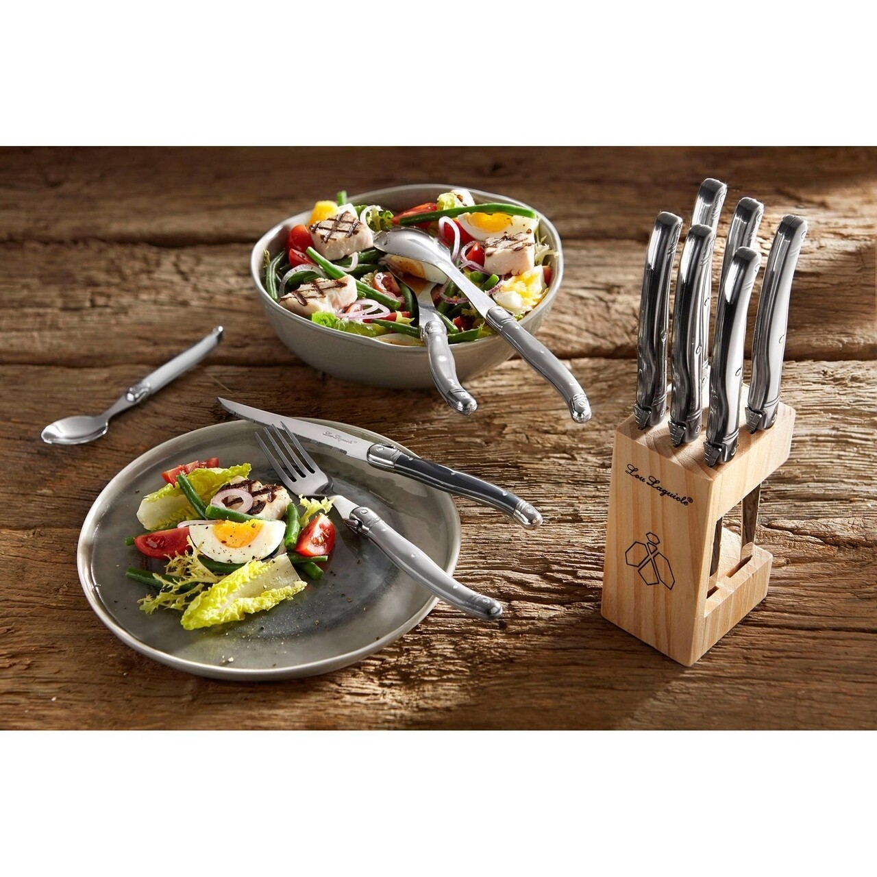 Set 2 Ustensile Pentru Salata Cu Suport, Lou Laguiole, Inox/lemn