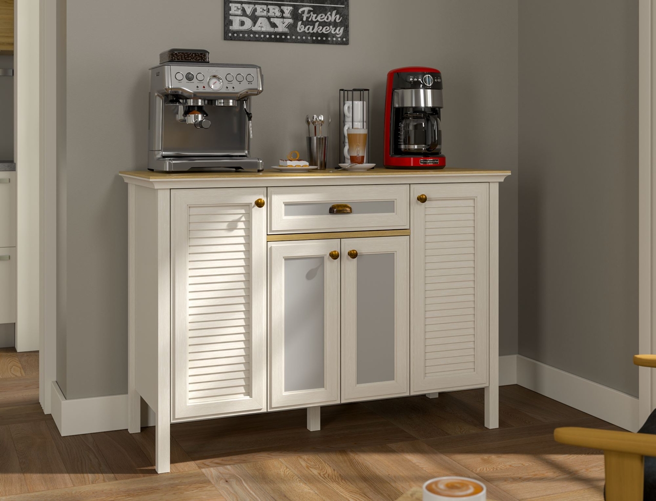 Dulap de bar pentru cafea, Hanah Home, FRN-21034, 125.4x90.1x52.1 cm, PAL, Crem / Stejar / Gri