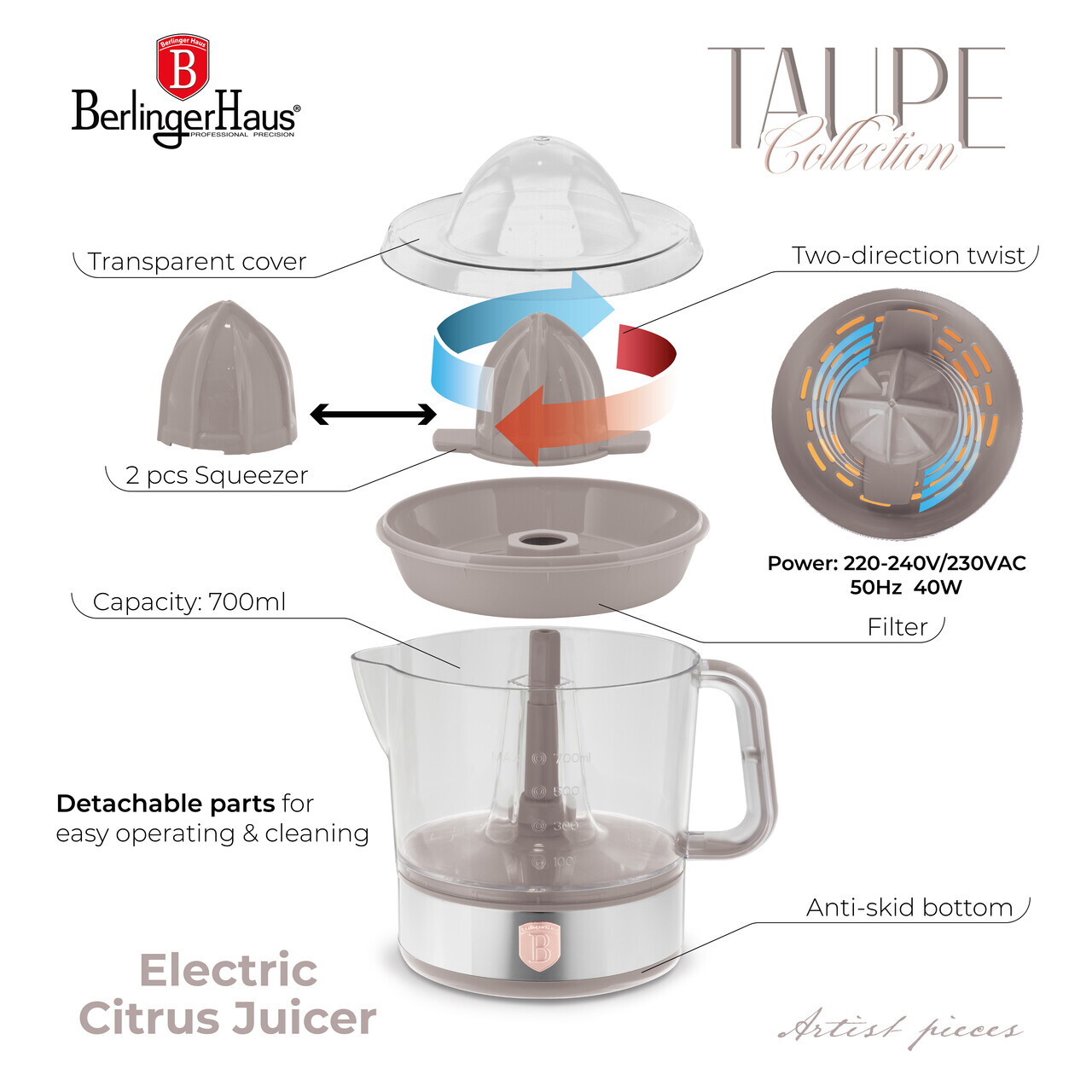 Storcator electric de citrice Berlinger Haus, Taupe, 40W, 700 ml, plastic/inox, taupe mat/transparent - imagine 7