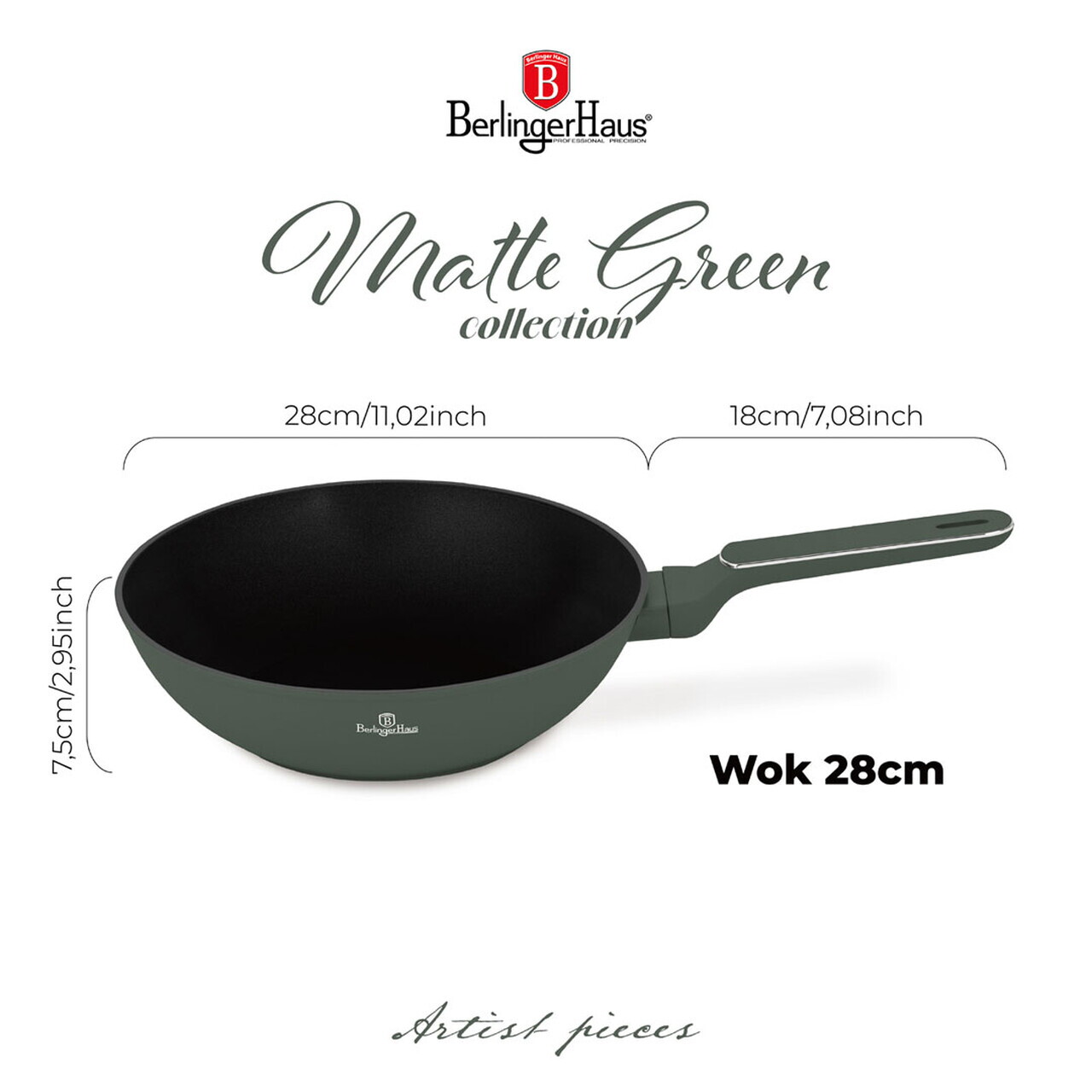 Tigaie Wok cu capac Berlinger Haus, Matte Green, 28 cm, 3.2 L, aluminiu forjat, verde mat - imagine 11