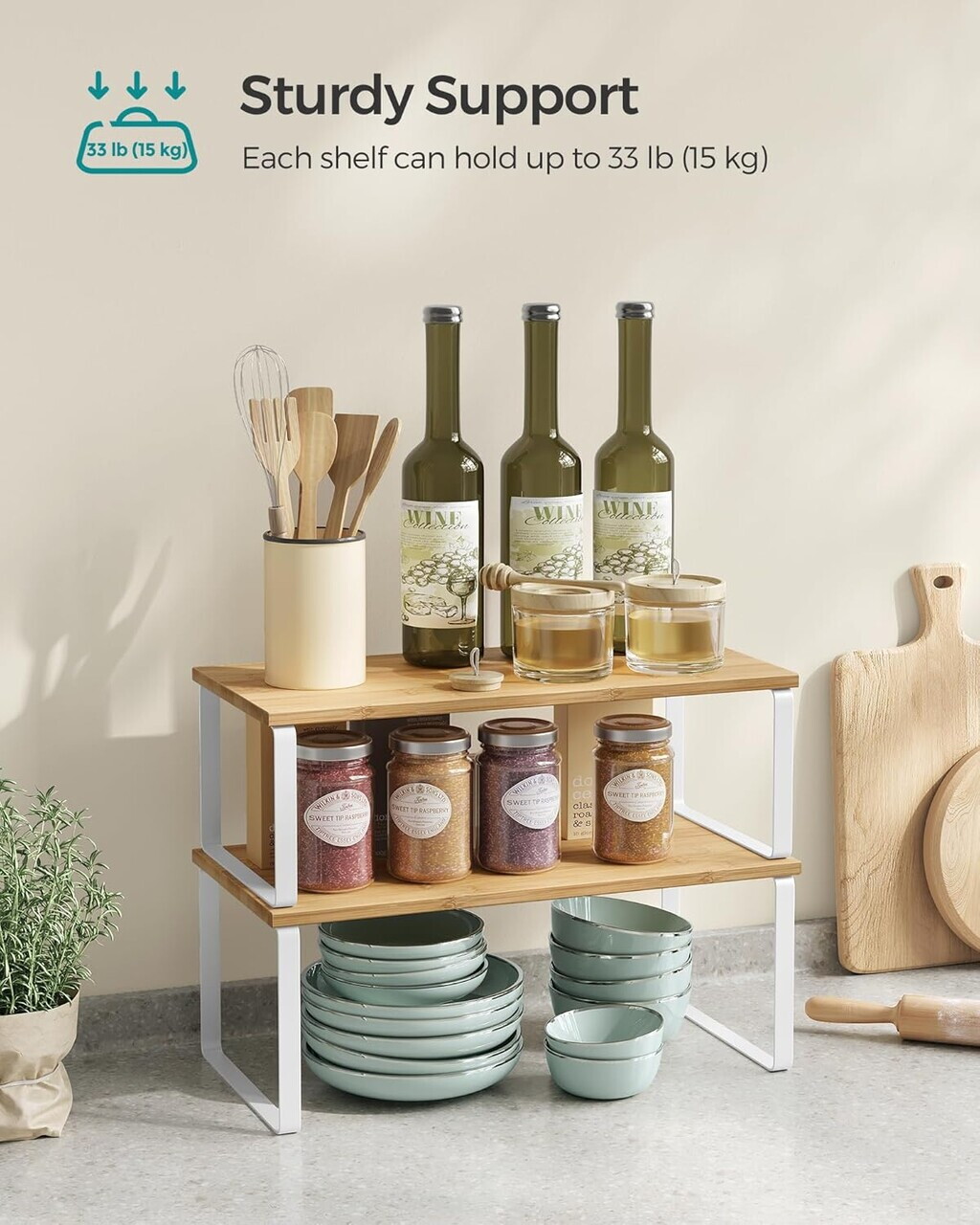 Set 2 organizatoare dulap bucatarie, Songmics, 39.7x19.5x15.8 cm, metal/lemn, alb/bej - imagine 6