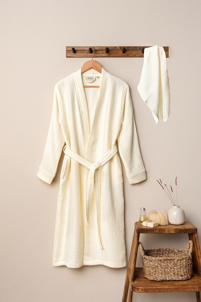 Set halat si prosop de baie L'essentiel Maison Kimono Bumbac Ecru