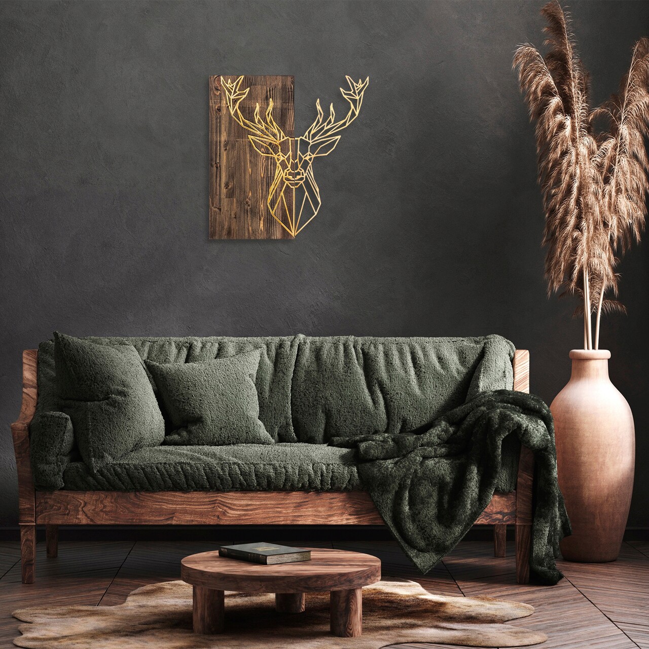Decoratiune de perete, Deer1, 50% lemn/50% metal, Dimensiune: 56 x 58 cm, Nuc / Aur - 1 | YEO