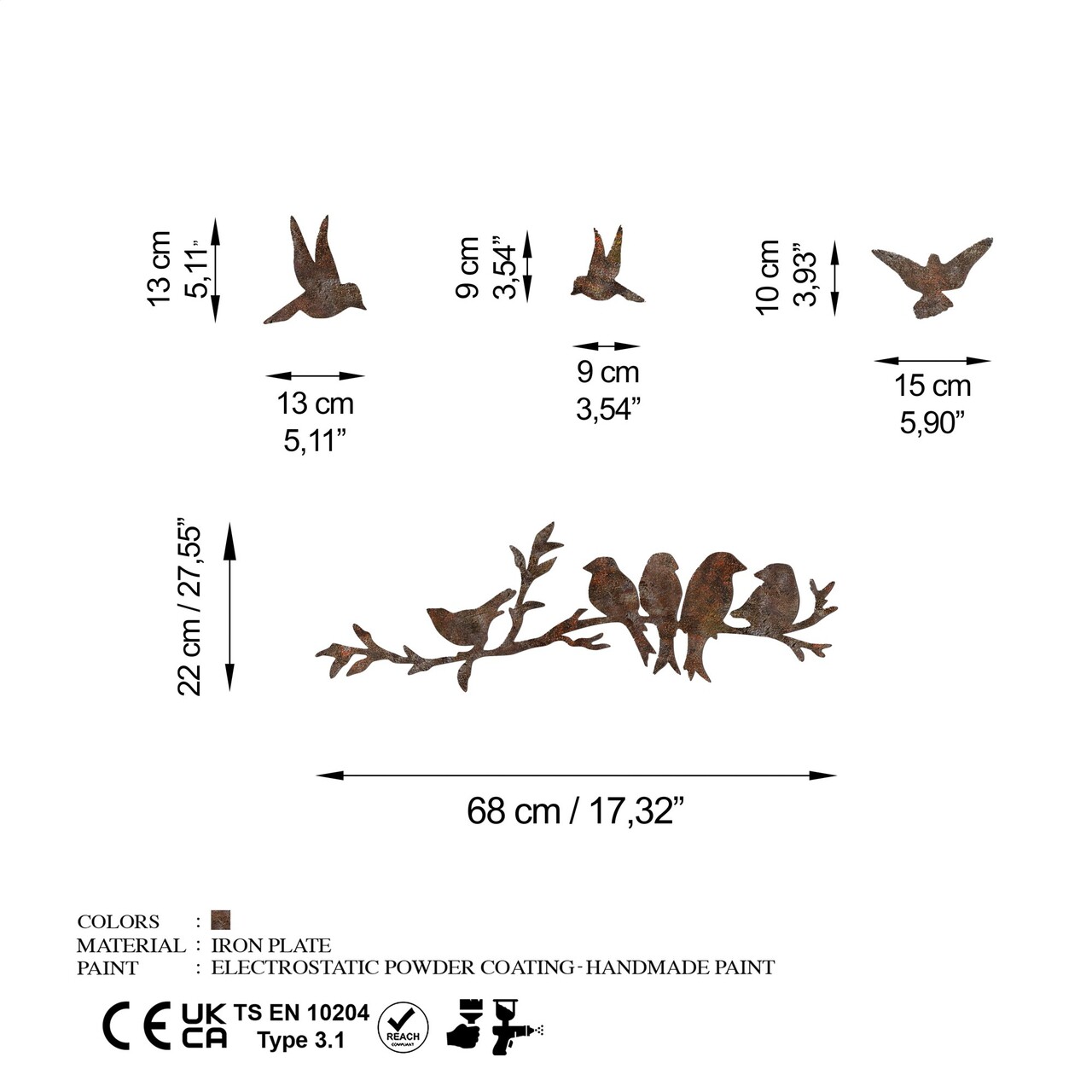 Decoratiune de perete, Rusty Birds 2, 13 x 13 cm, Maro antichizat - view 7