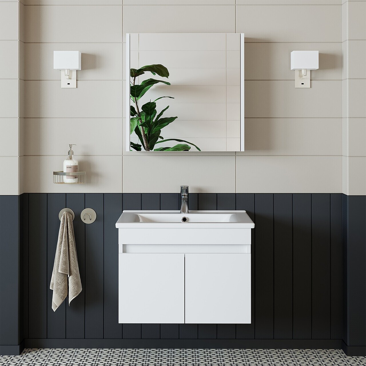 Set Dulap de Baie cu Chiuvetă și Oglindă (2 Piese), Hanah Home, 1324, MDF-LAM, Alb mat — imaginea 2