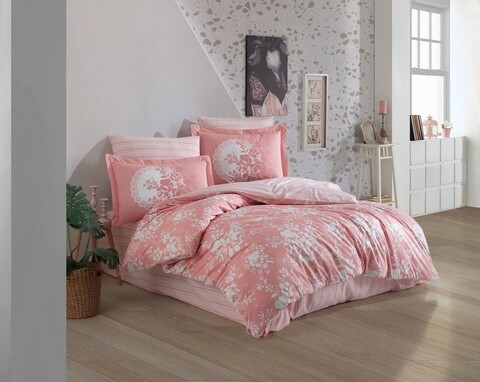 Lenjerie de pat dubla, 4 piese, 200×220 cm, 100% bumbac poplin, Hobby, Flora, roz pudra /100