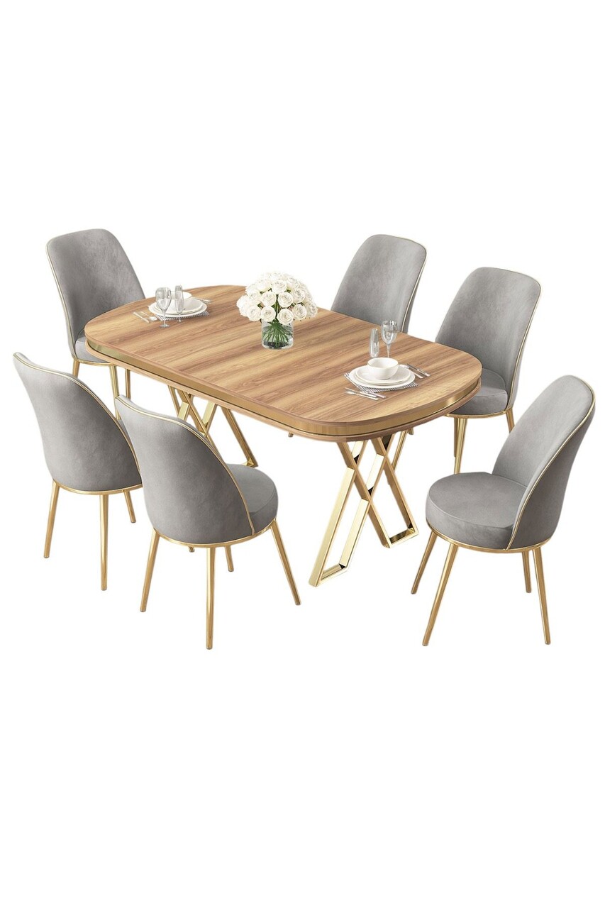 Set masă și scaune (7 piese), Hanah Home, Lai, Nuc deschis / Auriu / Gri - imagine 2