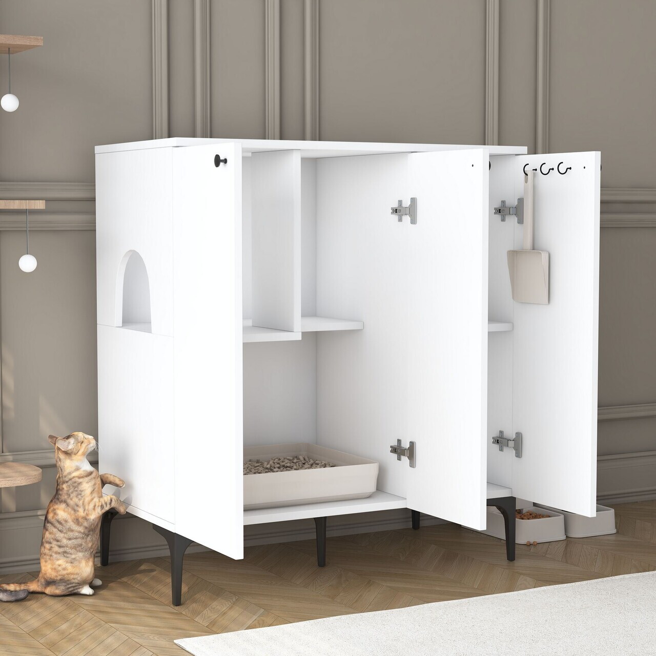 Casă din lemn pentru pisici, Hanah Home, PA102, 90x98.6x45 cm, PAL melaminat, Alb - view 7