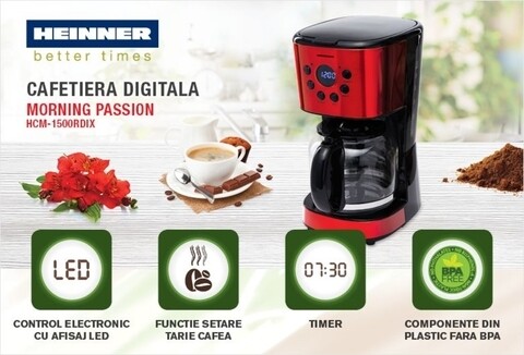 Cafetiera digitala, Heinner, 900 W, 1.5 L, rosu