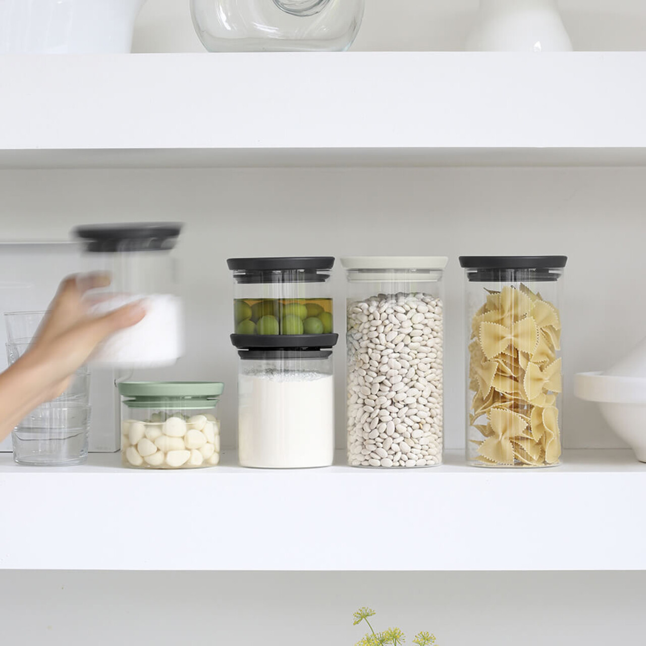 Set 3 recipiente depozitare, Brabantia, Stackable, 300 ml, 600 ml, 1.1 L, sticla borosilicata, gri inchis