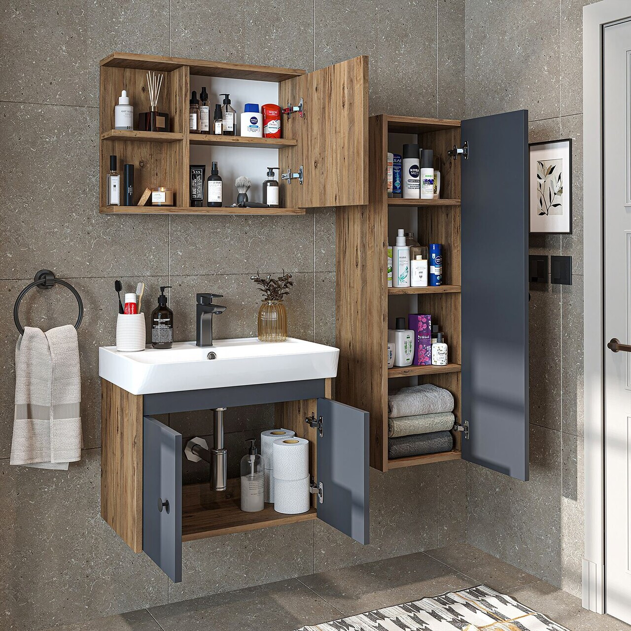 Set Dulap de Baie cu Chiuvetă și Oglindă (3 Piese), Hanah Home, 2871, PAL MELAMINAT, Pin Atlantic / Antracit — imaginea 3