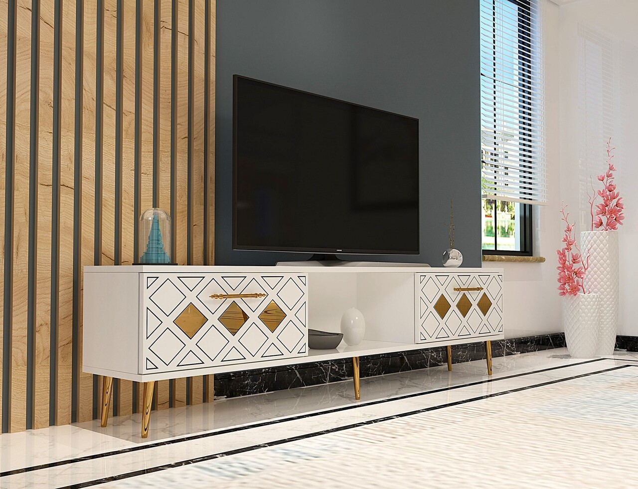 Comoda TV, Olivia, Dome, Alb/Auriu - 1 | YEO
