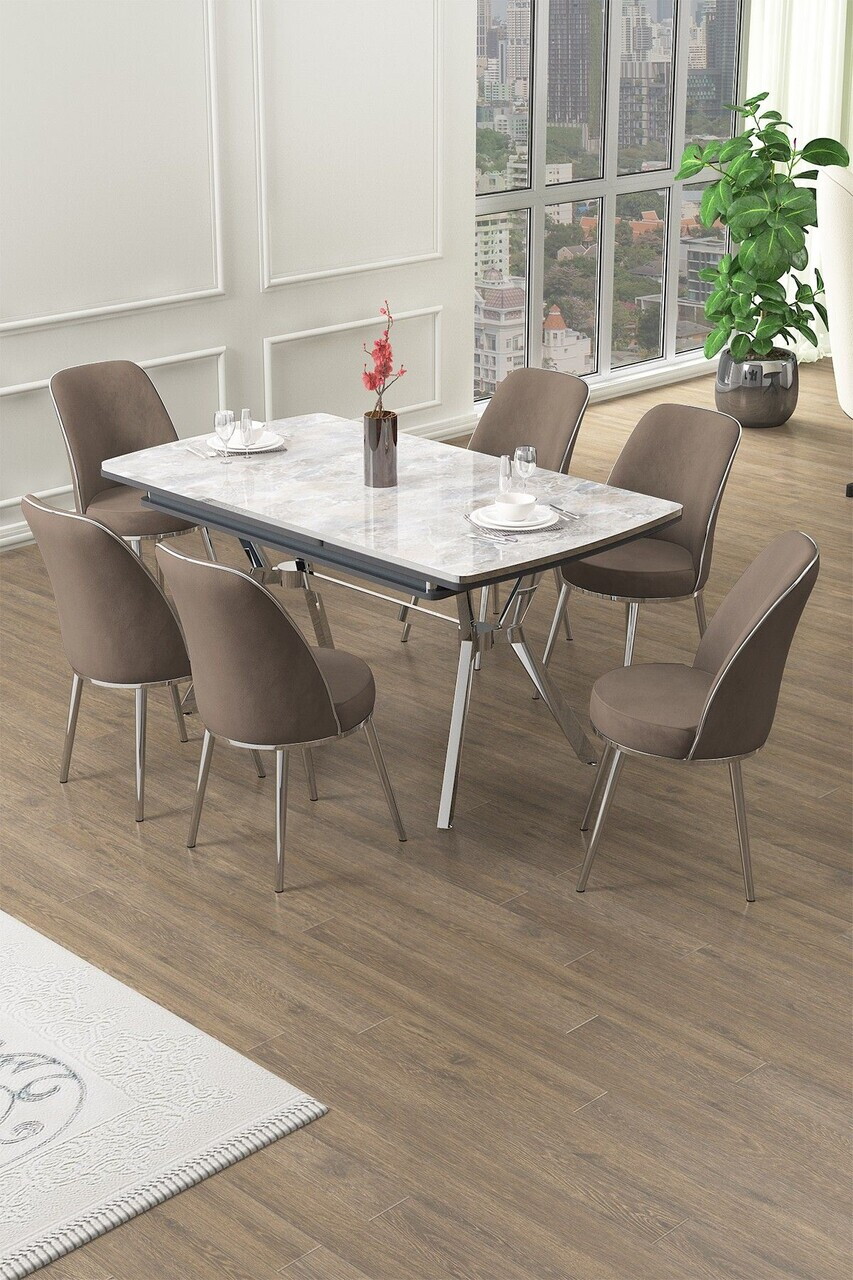 Set masa extensibila si scaune (7 piese), Hanah Home, Poy, Gri / Crom / Cappuccino