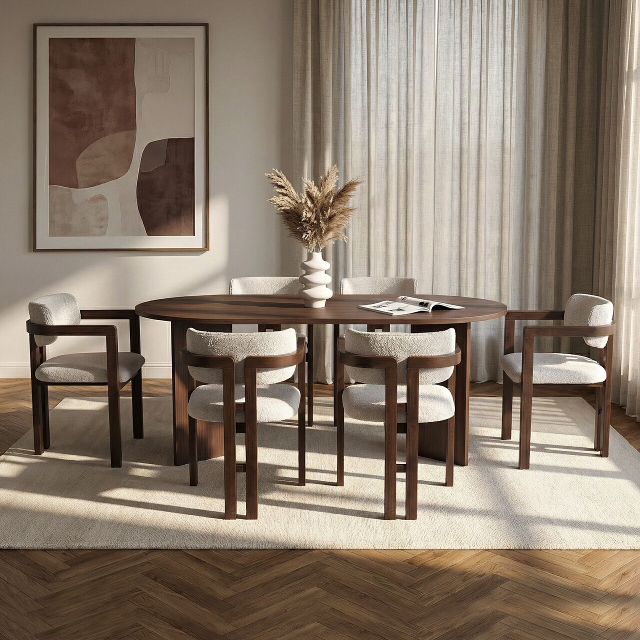 Set masă și scaune (7 piese), Hanah Home, Meridia 6, Nuc Milano / Nuc Închis / Alb - view 2