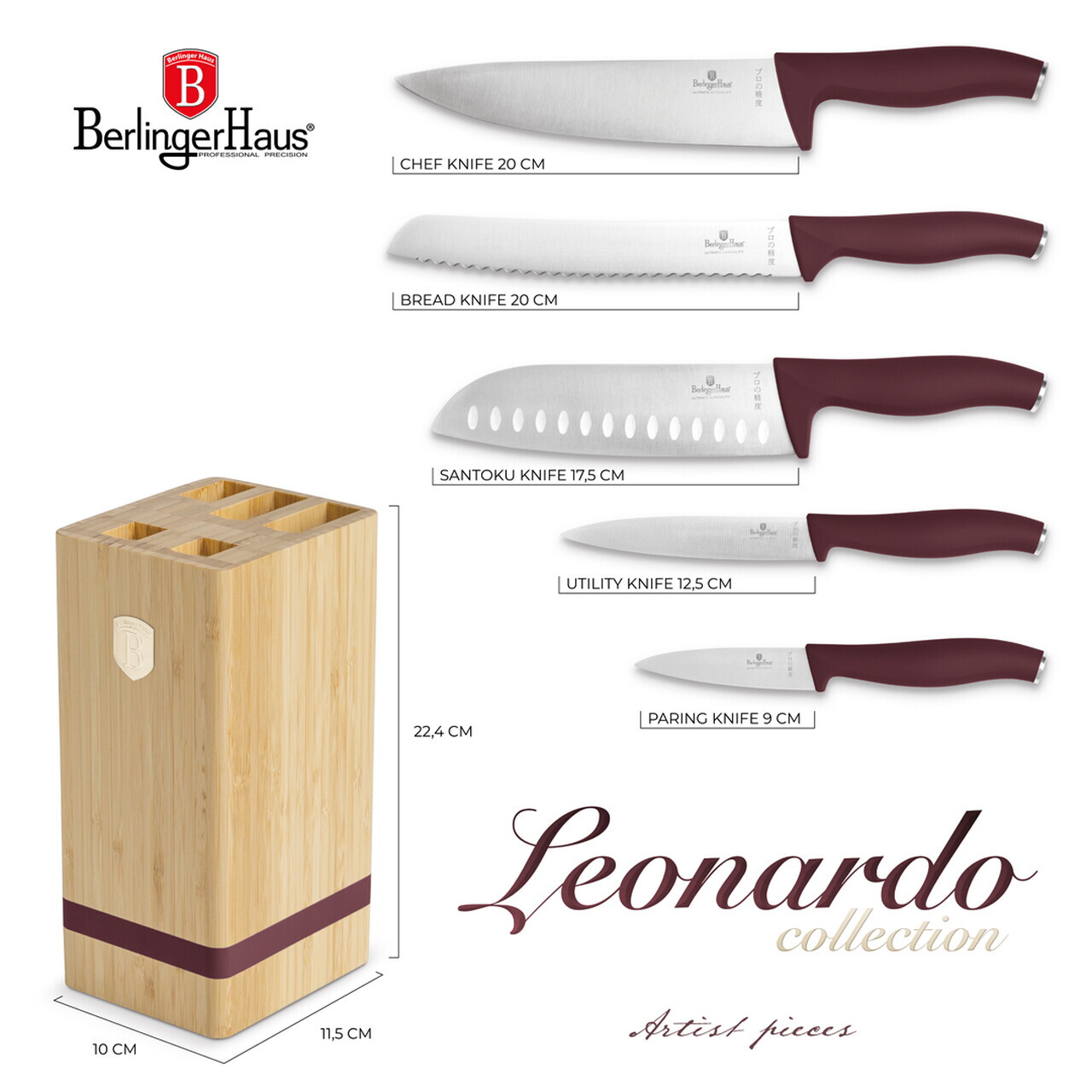 Set 5 cutite cu suport patrat Berlinger Haus, Leonardo, inox/bambus, visiniu mat/natur - imagine 9