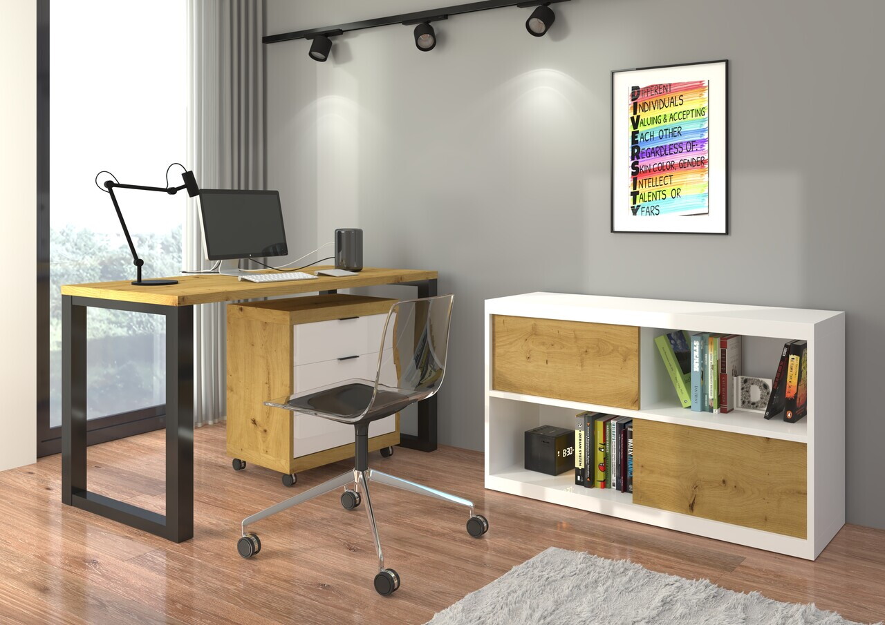 Birou cu dulap ADRK, Maro I, 135x65x75.2 cm, PAL laminat, artisan/negru/alb — imaginea 2