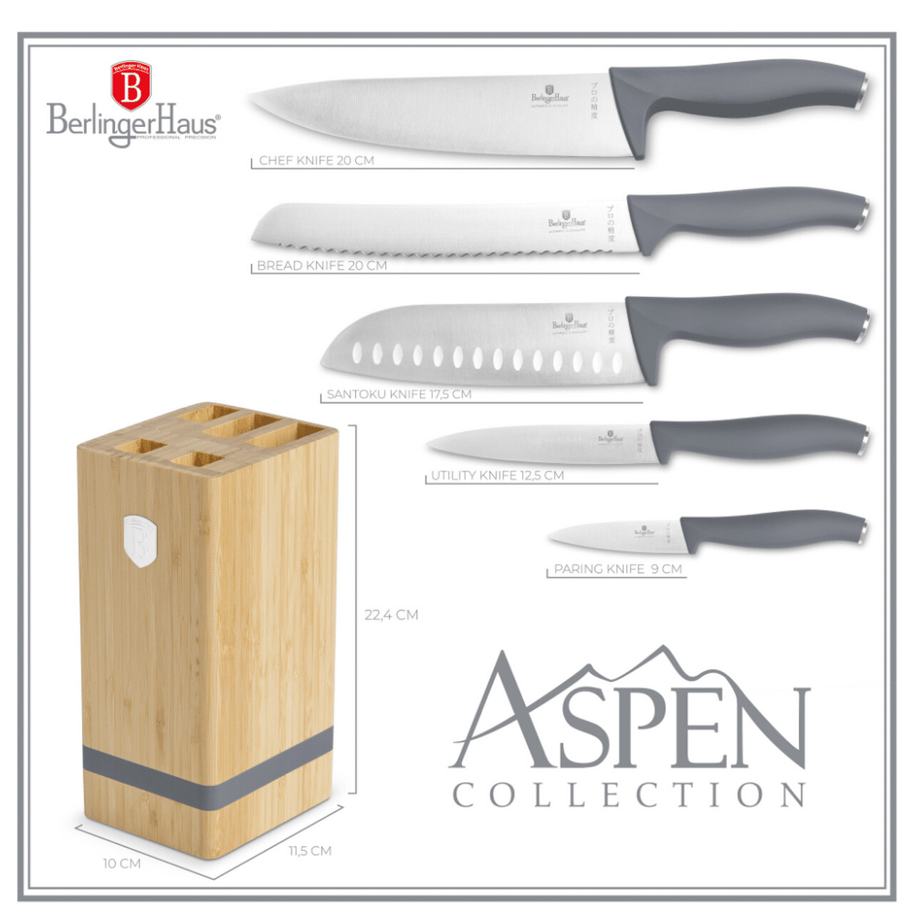 Set 5 cutite cu suport patrat Berlinger Haus, Aspen, inox/bambus, gri mat/natur - imagine 6