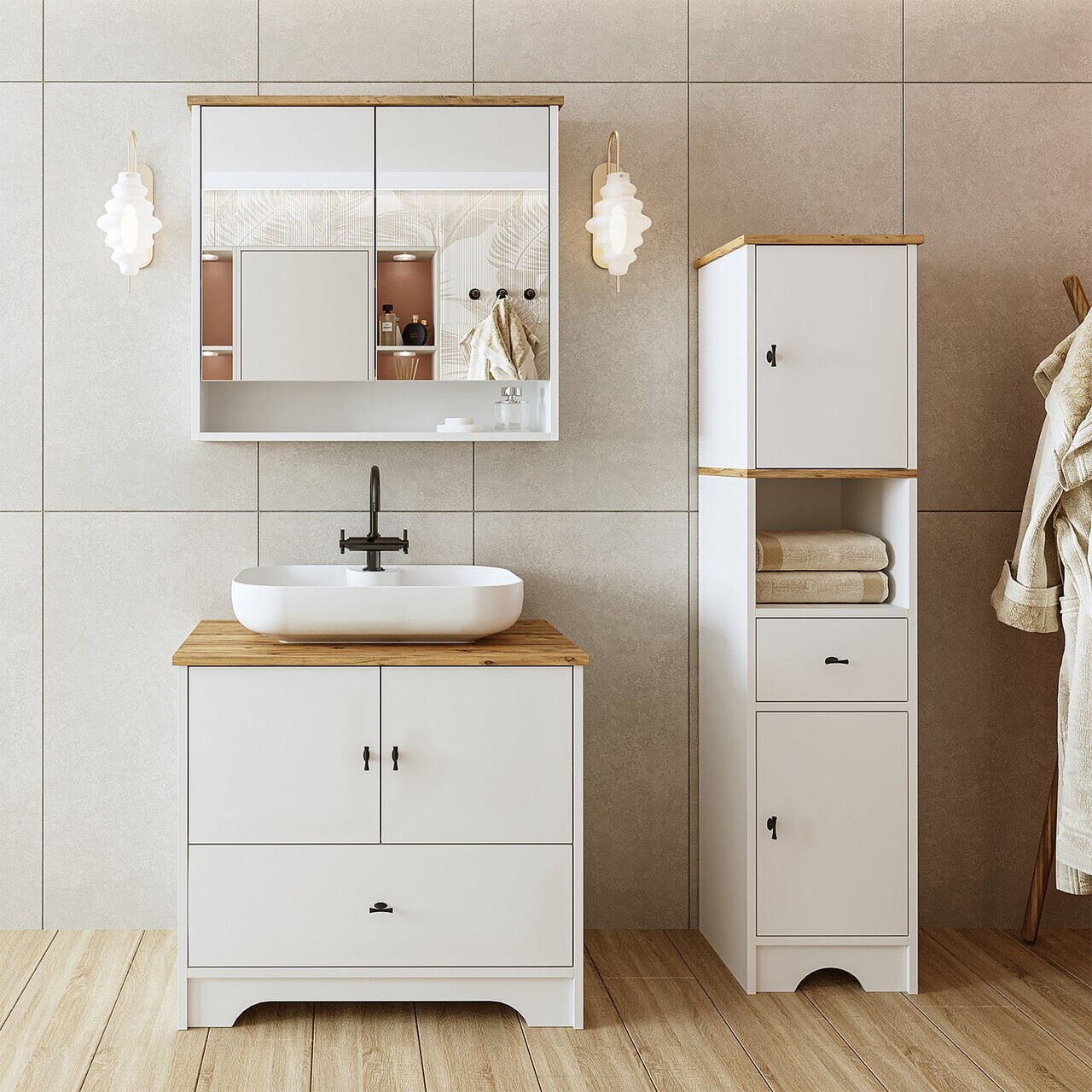 Set Dulap de Baie cu Chiuvetă și Oglindă (3 Piese), Hanah Home, 2394, MDF-LAM, Alb mat — imaginea 2