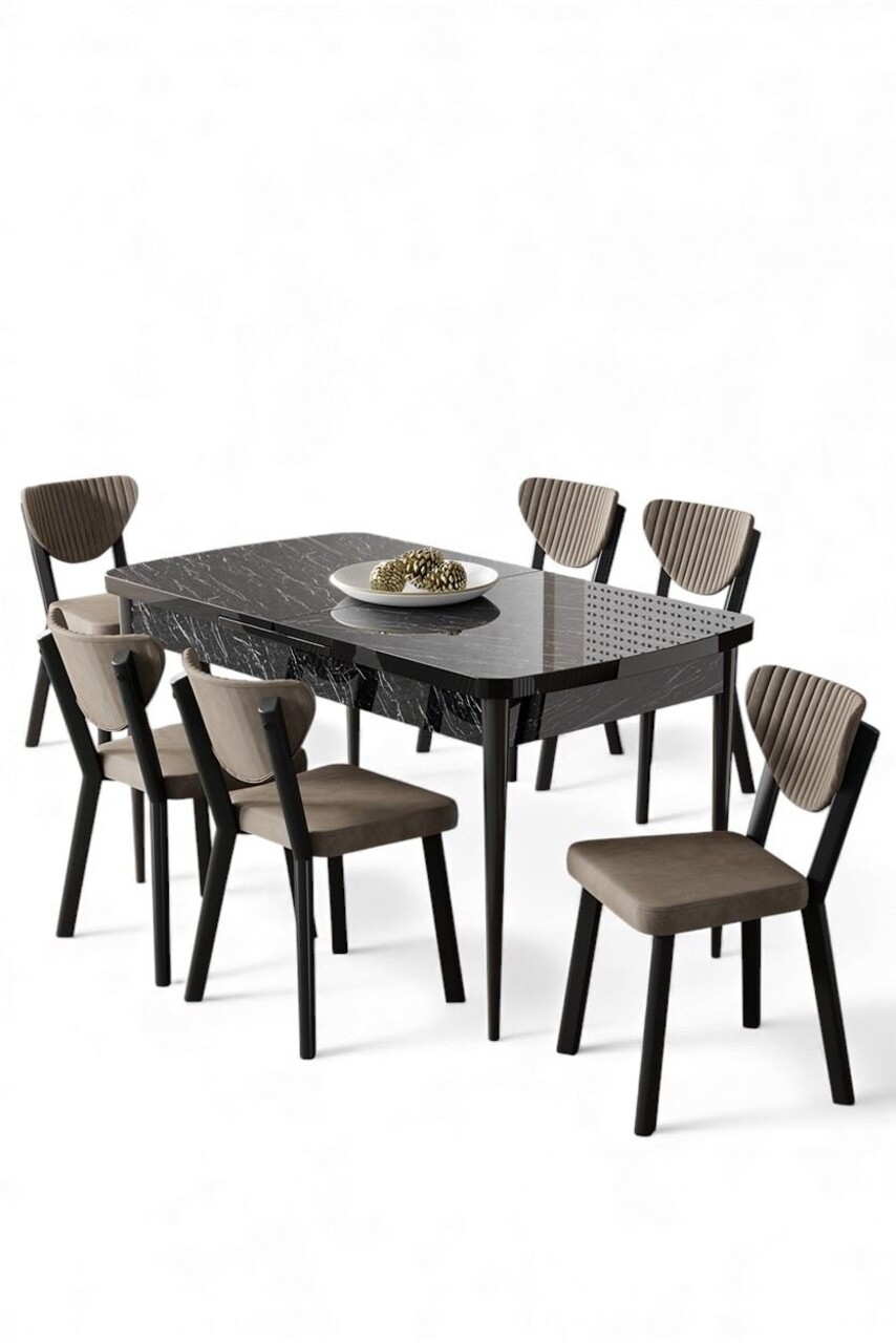 Set masa extensibila si scaune, Hanah Home, Exve, Marmură neagră / Cappuccino - view 2