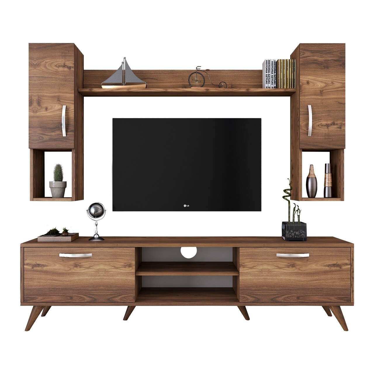 Comoda TV Cu Raft De Perete Si 2 Cabinete M27 - 284, Wren, 180 X 35 X 48.6 Cm/133 Cm, Walnut