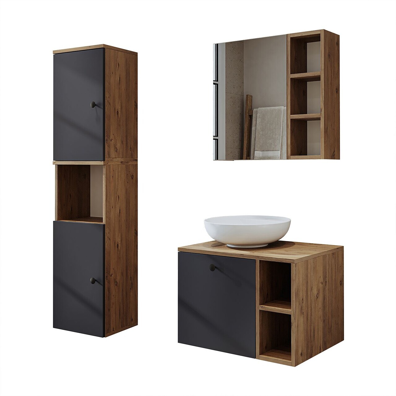 Set Dulap de Baie cu Chiuvetă și Oglindă (3 Piese), Hanah Home, 2471, MDF, Pin Atlantic / Antracit — imaginea 6