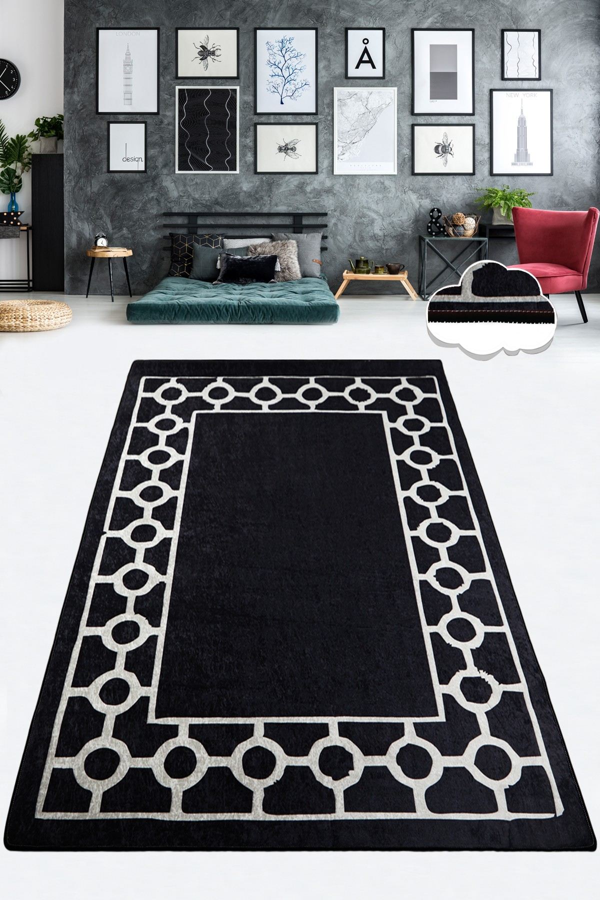 Covor, Bague Black, 80x200 cm, Alb/Negru