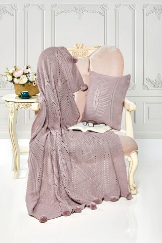 Set patura si perna Single Tricot 130x170 cm, 45x45 cm, Ponpon Tree - Lilac, Evlen Home - Bedroom, Fibre acrilice