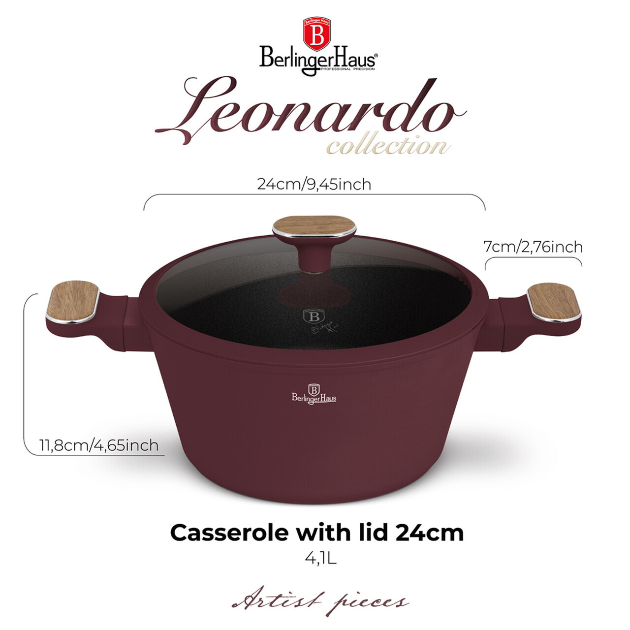 Oala cu capac Berlinger Haus, Leonardo Nordic, 24 cm, 4.3 L, aluminiu forjat, visiniu mat - imagine 11