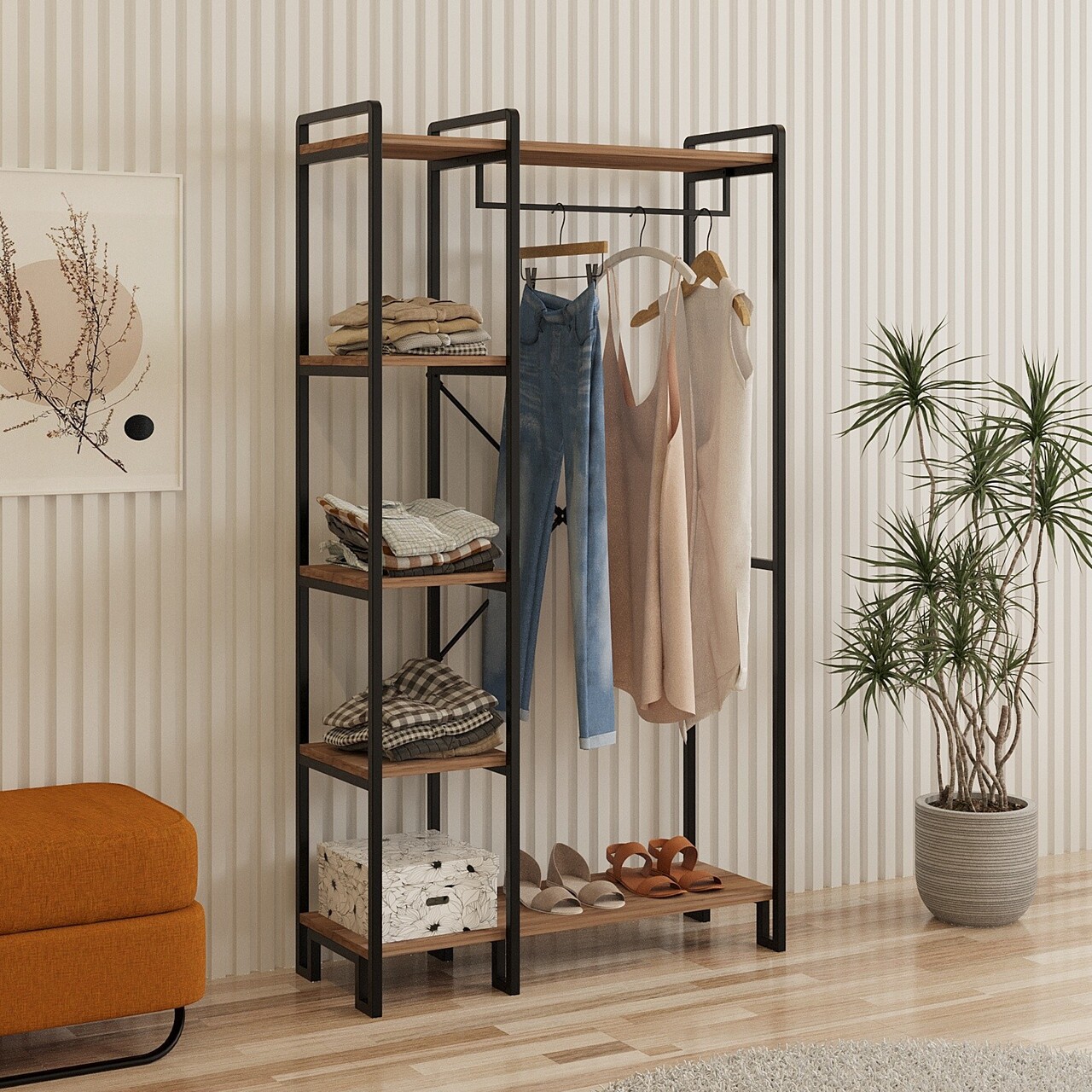 Cuier de perete, Puqa Design, Rex, 34x90x163 cm, PAL, Pin Atlantic / Negru - 1 | YEO