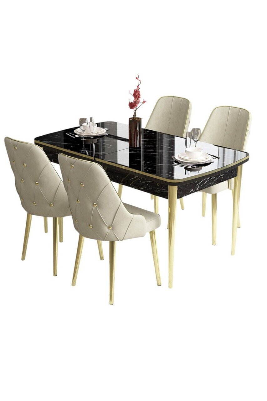 Set masa si scaune (5 piese), Hanah Home, Tia, Model de marmură neagră / Auriu / Crem — imaginea 2