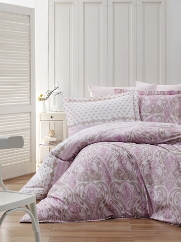 Lenjerie de pat dubla king, 3 piese, 220x240 cm, 100% bumbac ranforce, turkiz, palimra, alb/roz