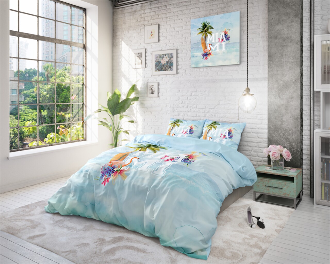 Lenjerie De Pat Dubla Pure Miami Summer Blue, Dreamhouse, 3 Piese, 100% Bumbac, Multicolora