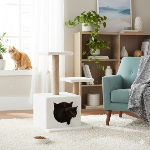 Casă pentru pisici, Paws & Whiskers, Lotti, MATERIAL TEXTIL WELSOFT, Alb