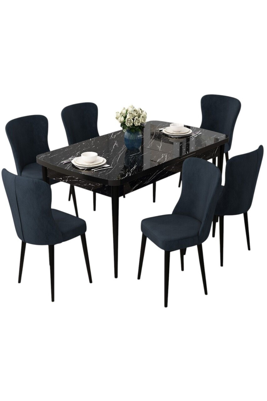 Set masa extensibila si scaune (7 piese), Hanah Home, Due, Model de marmură neagră / Antracit — imaginea 2
