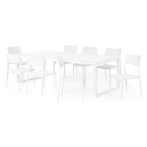 Set 8 scaune + masa pentru gradina/terasa, belluno/soria, 240 x 100 x 75 cm, alb