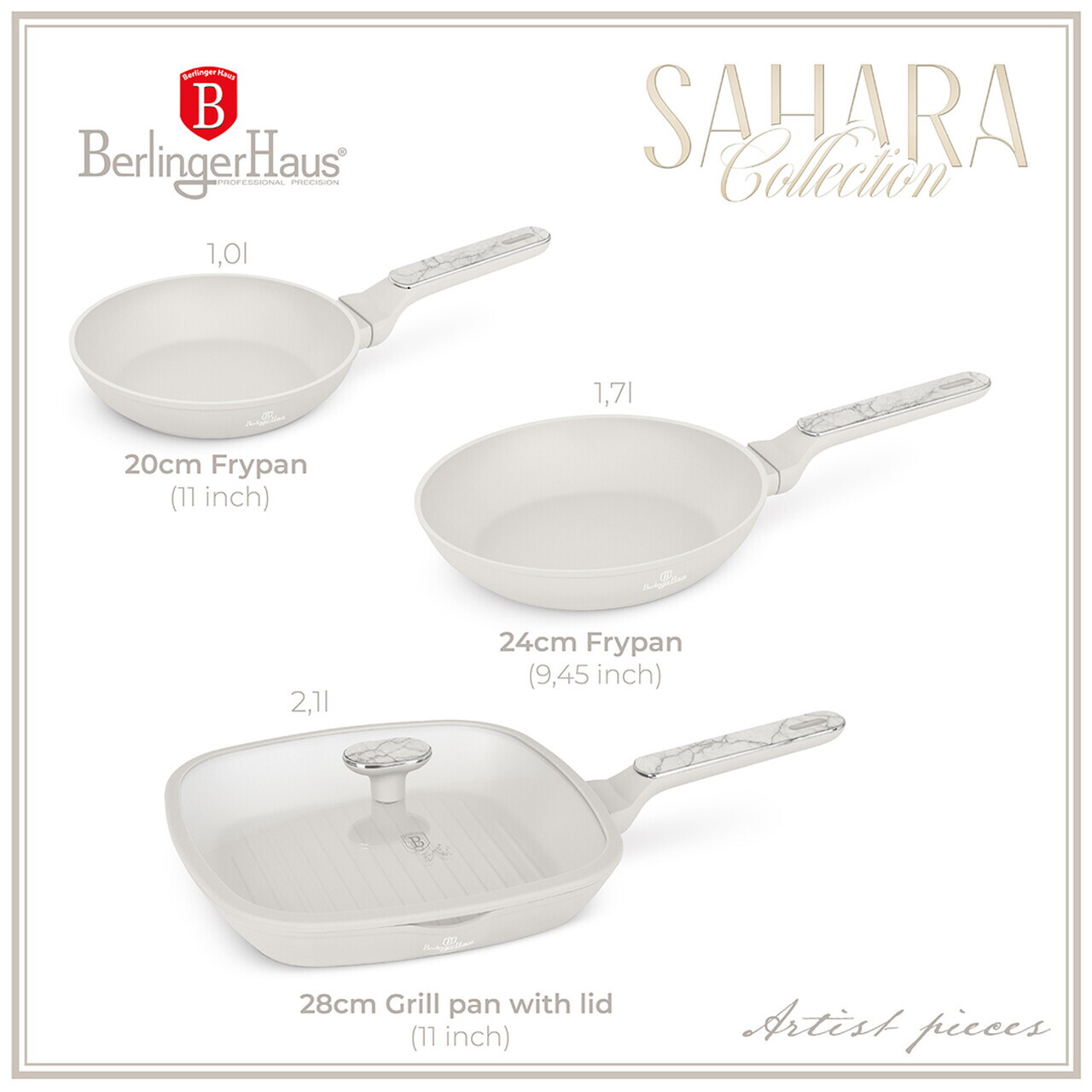 Set 3 tigai si capac Berlinger Haus, Sahara Marble, 20/24/28 cm, aluminiu forjat, crem mat/marmura - imagine 4