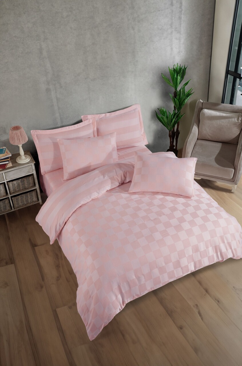Lenjerie de pat dubla, Kareli Saten - Powder, EnLora Home, 70% bumbac/30% poliester