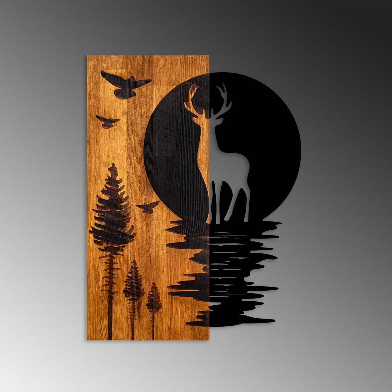 Decoratiune de perete, Deer and Moon, Lățime: 43 cm Înălțime: 58 cm Adâncime: 3 cm, Nuc / Negru - view 6