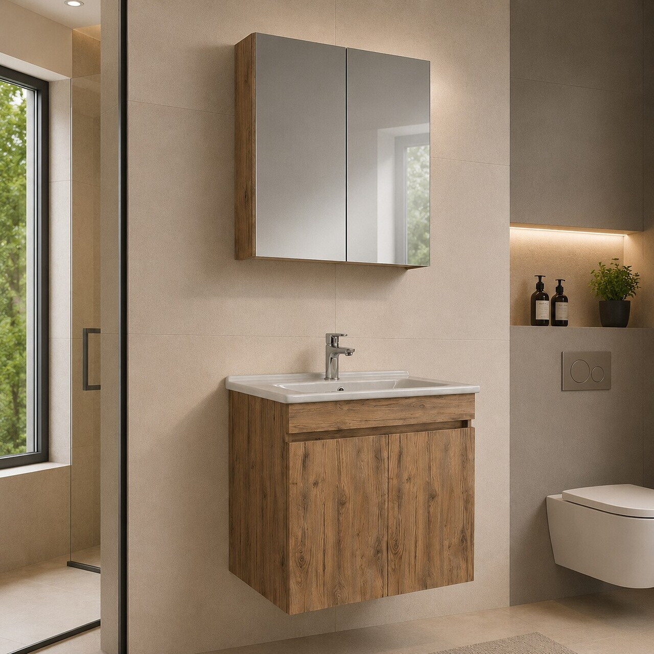 Set Dulap de Baie cu Chiuvetă și Oglindă (2 Piese), Hanah Home, Fold 60, Nuc deschis