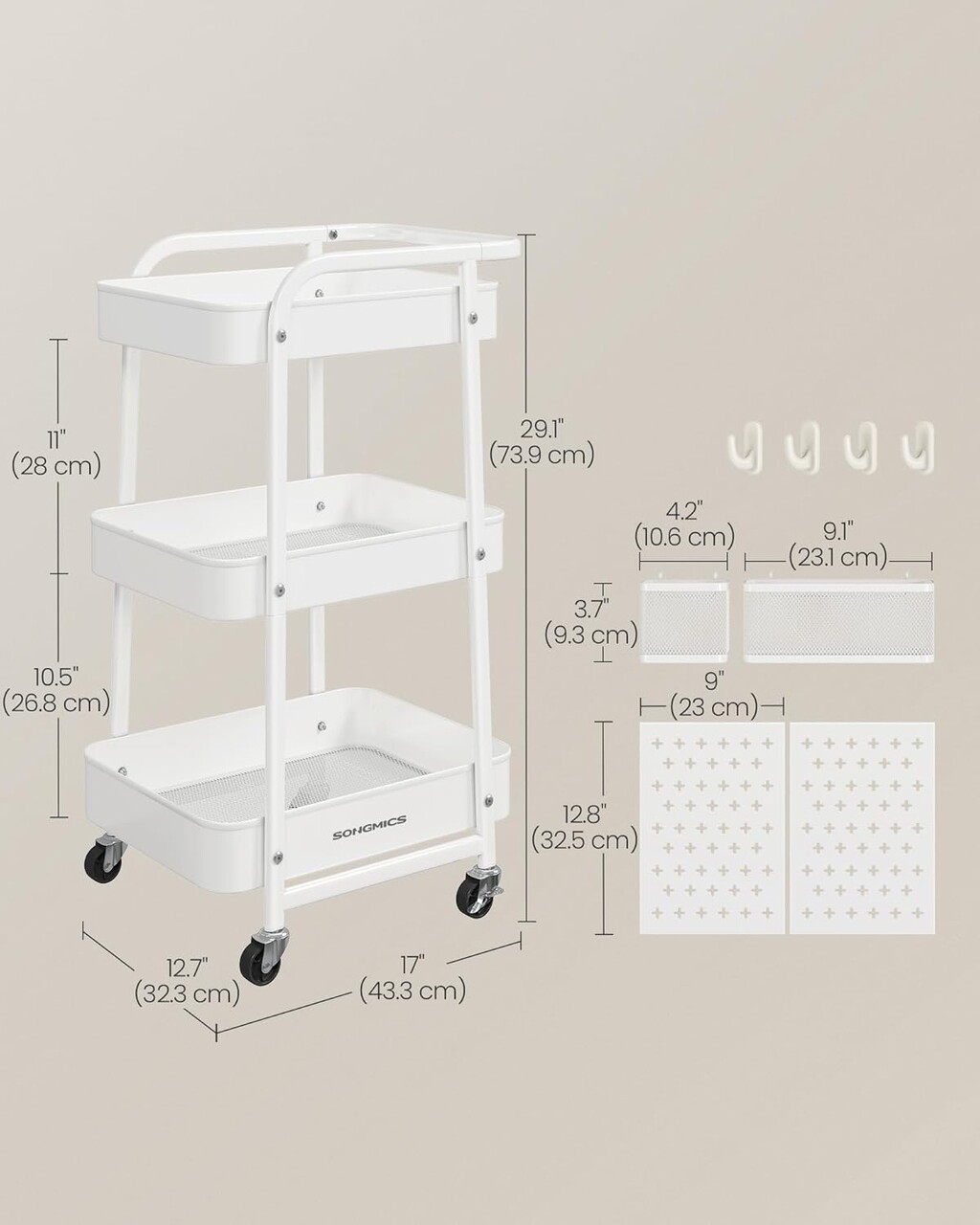Carucior cu 3 rafturi, Songmics, 43.3x32.3x73.9 cm, max 30 kg, alb - 2 | YEO