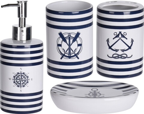 Set de baie maritime, 4 piese, dolomit, alb/bleumarin