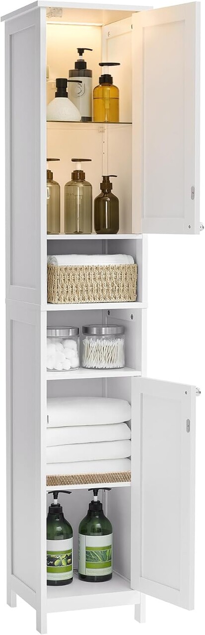 Dulap ingust pentru baie cu lumina integrata, Vasagle, 30x30x170 cm, MDF, alb cloud - 1 | YEO
