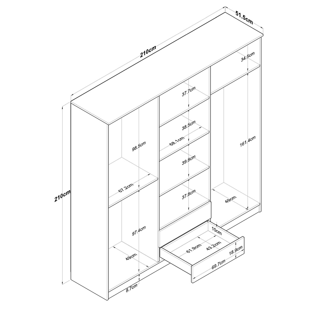 Dulap pentru haine, Rani, BA111, 210x210x51.5 cm, PAL, Nuc/Alb