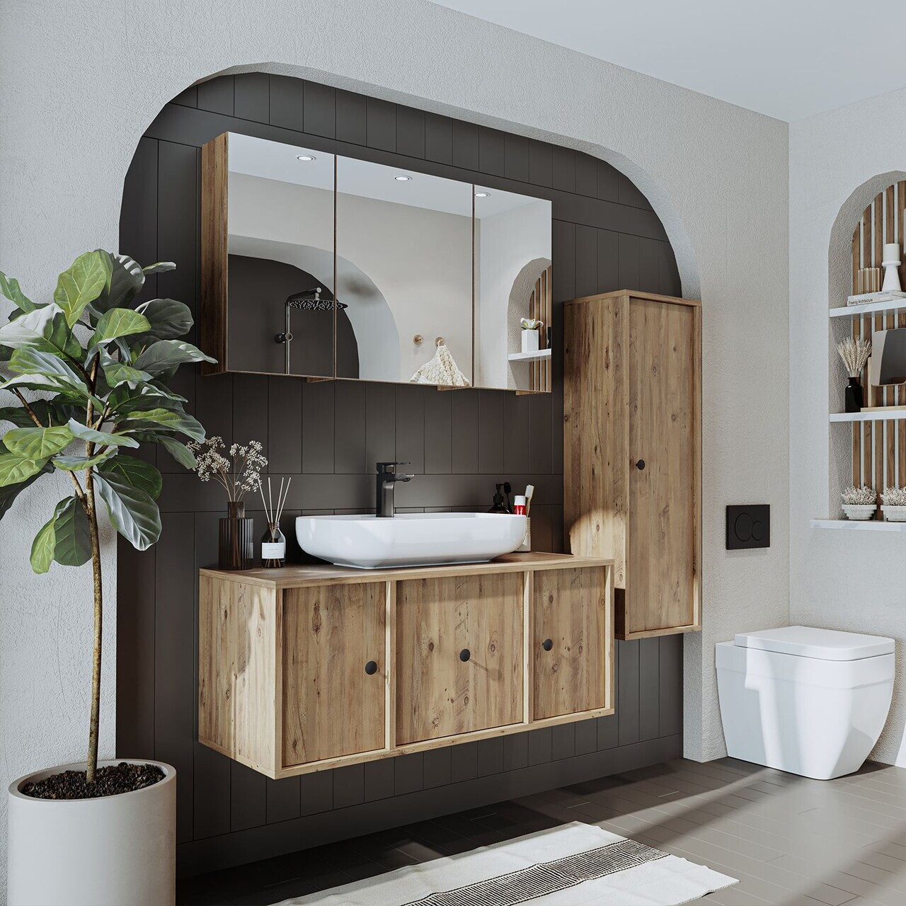 Set Dulap de Baie cu Chiuvetă și Oglindă (3 Piese), Hanah Home, 2575, MDF, Maro — imaginea 2